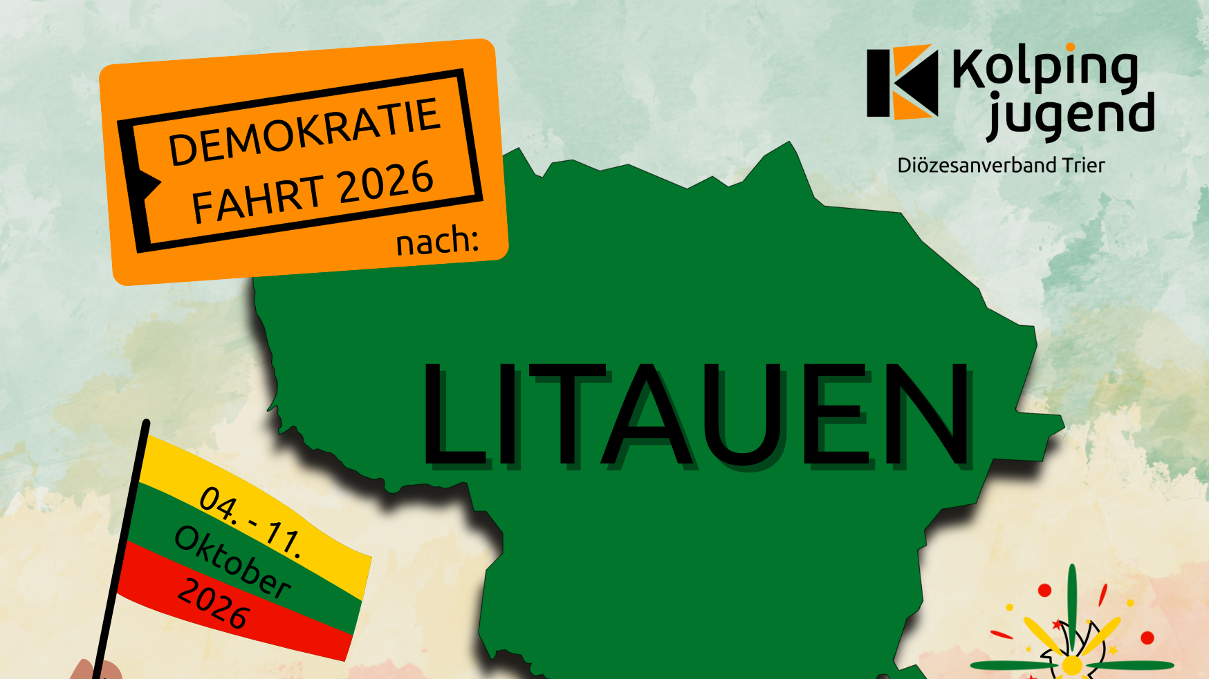 Die Landkarte von Litauen in grün, eine litauische Flagge mit dem Datum der Fahrt, sowie das Logo der Kolpingjugend Trier