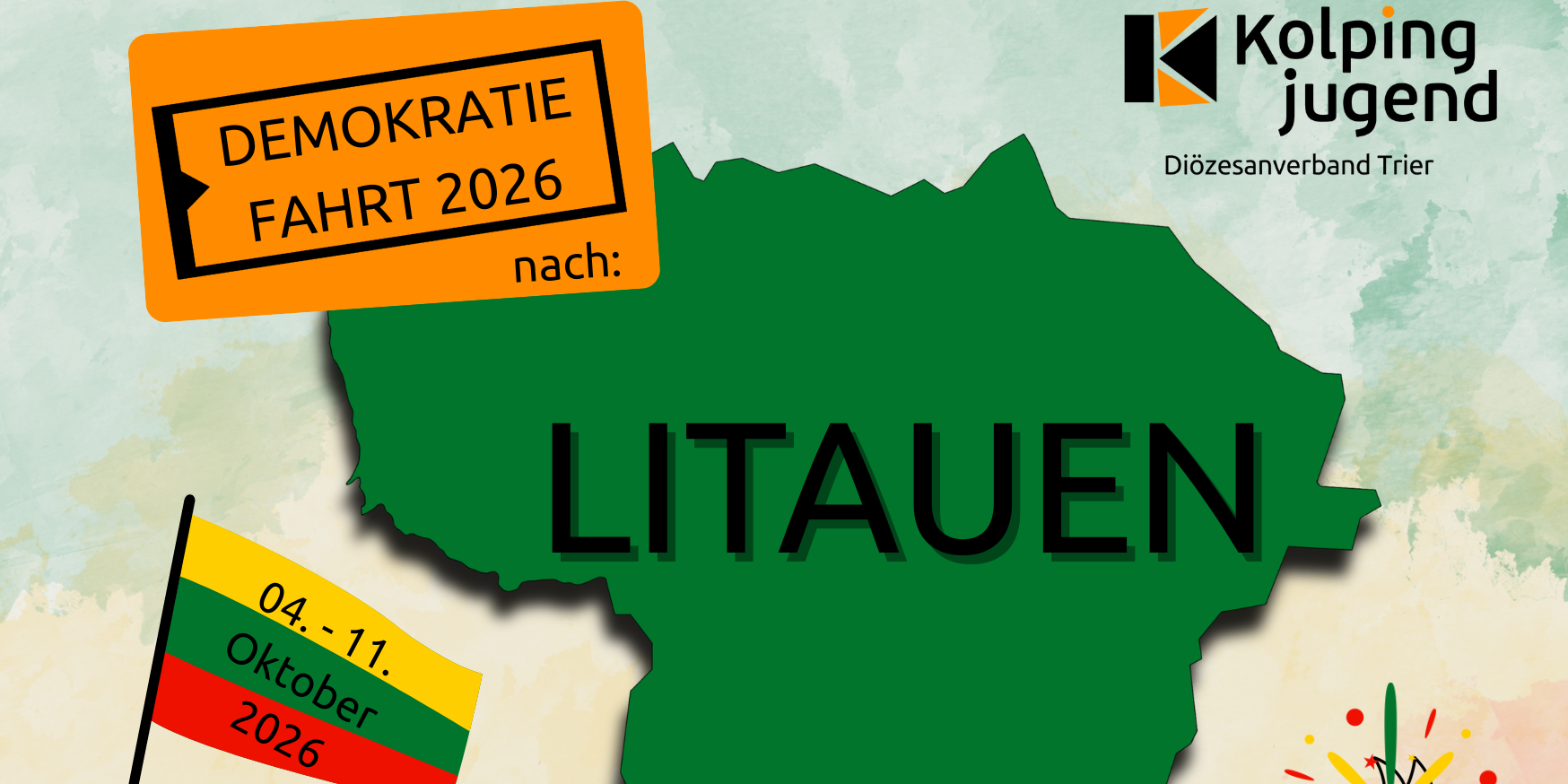 Die Landkarte von Litauen in grün, eine litauische Flagge mit dem Datum der Fahrt, sowie das Logo der Kolpingjugend Trier
