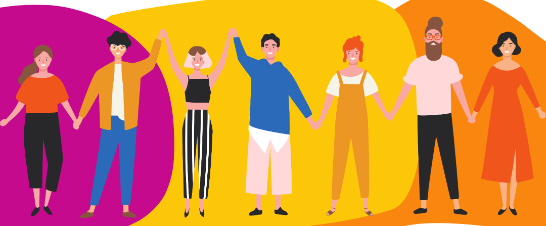 Grafisches Bild mit verschiedenen Menschen von buntem Hintergrund