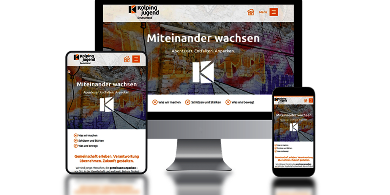 Screenshots von Handy, Tablett und Notebook mit der Startseite der Kolpingjugend (c) Kolpingjugend Deutschland Screenshots von Handy, Tablett und Notebook mit der Startseite der Kolpingjugend